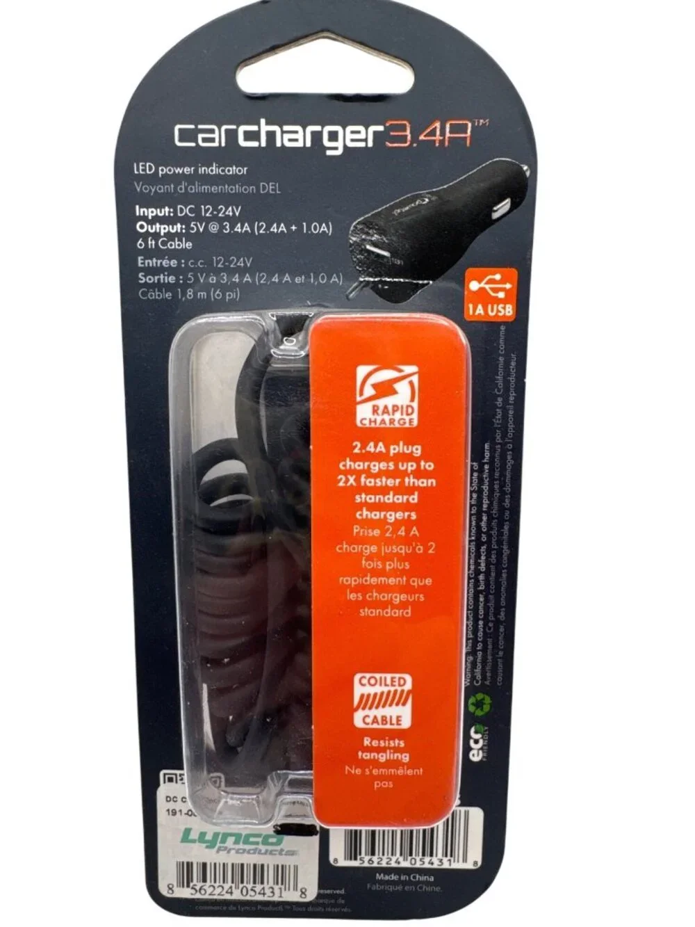 Car Charger 3.4A Micro USB Connector With Rapid Charge Technology & 6 Ft Coiled